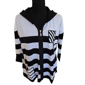 ANGEL Womens Stripe Hooded Zip Front Cardigan Sweater Black White Medium
